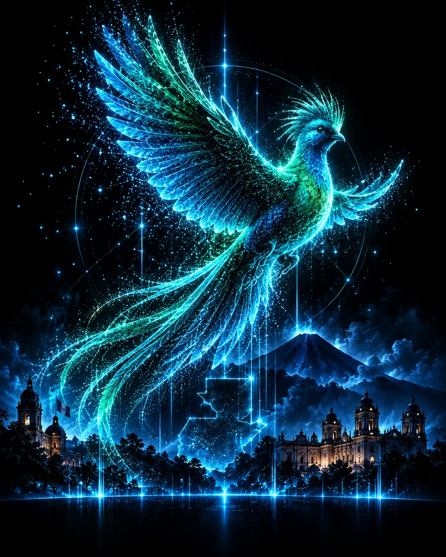 Quetzal digital de luz volando sobre la silueta de Guatemala, un volcán y una catedral
