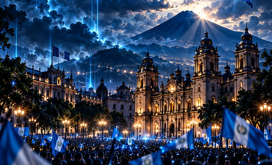 Catedral iluminada de noche con un volcán al fondo y una multitud con banderas de Guatemala