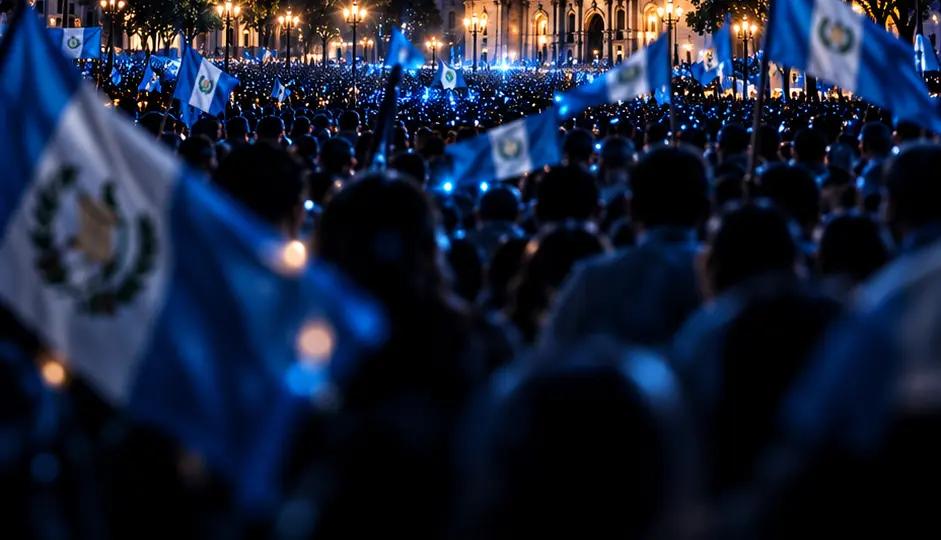 Personas reunidas de noche ondeando banderas de Guatemala